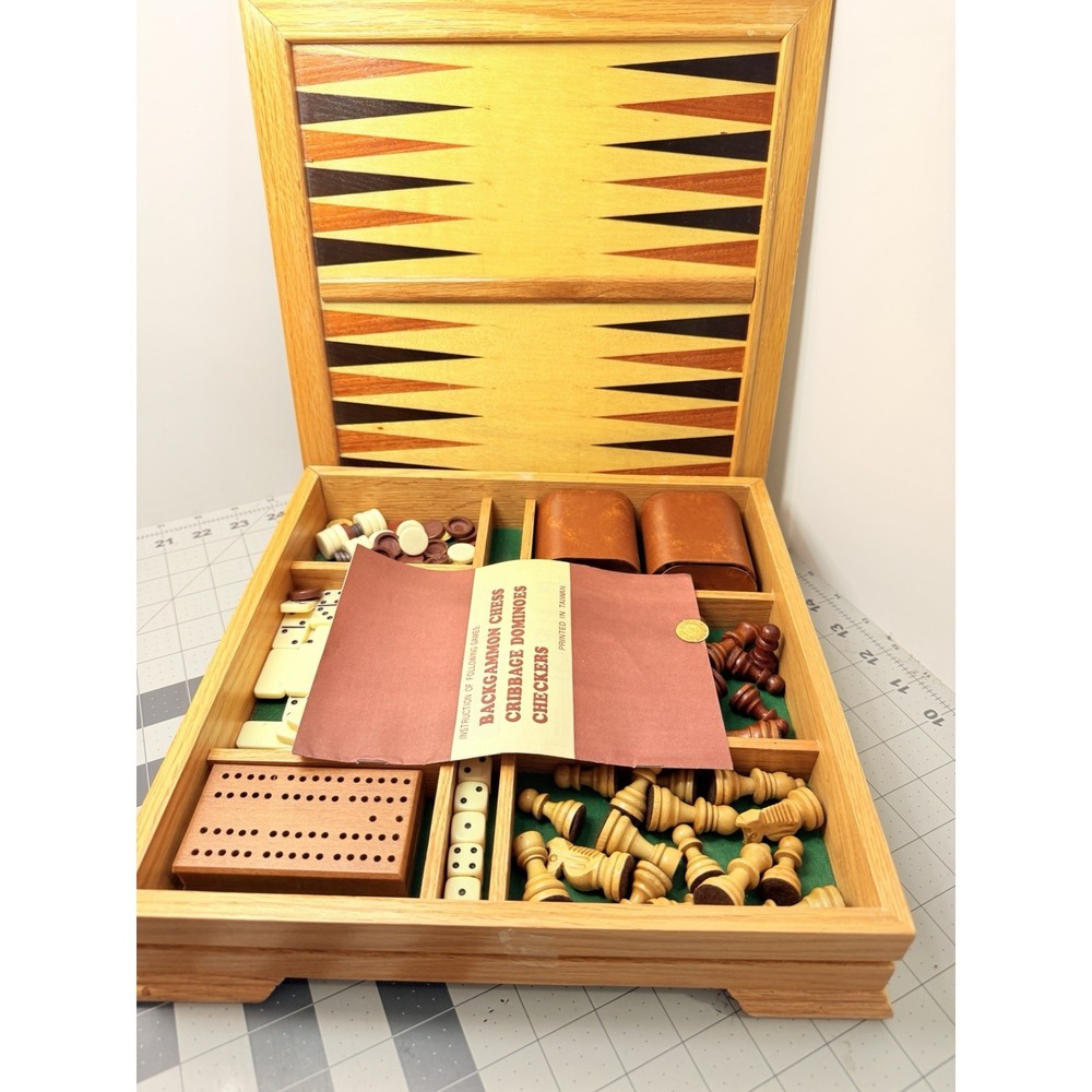Vintage Wooden 5-in-1 Combo Game Set Chess Backgammon Cribbage Dominoes Checkers